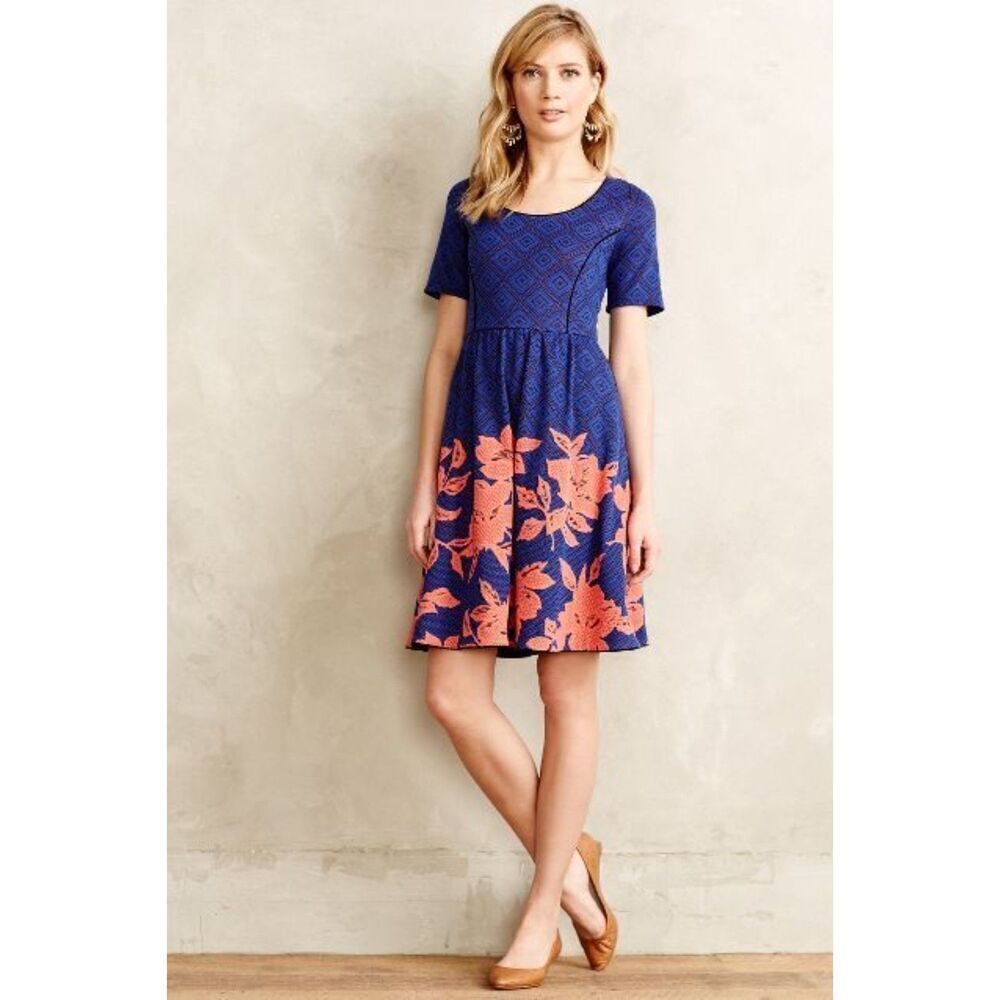 ANTHROPOLOGIE HD In Paris Blue Coral Floral Diamond Knit Mini Dress Size XS
